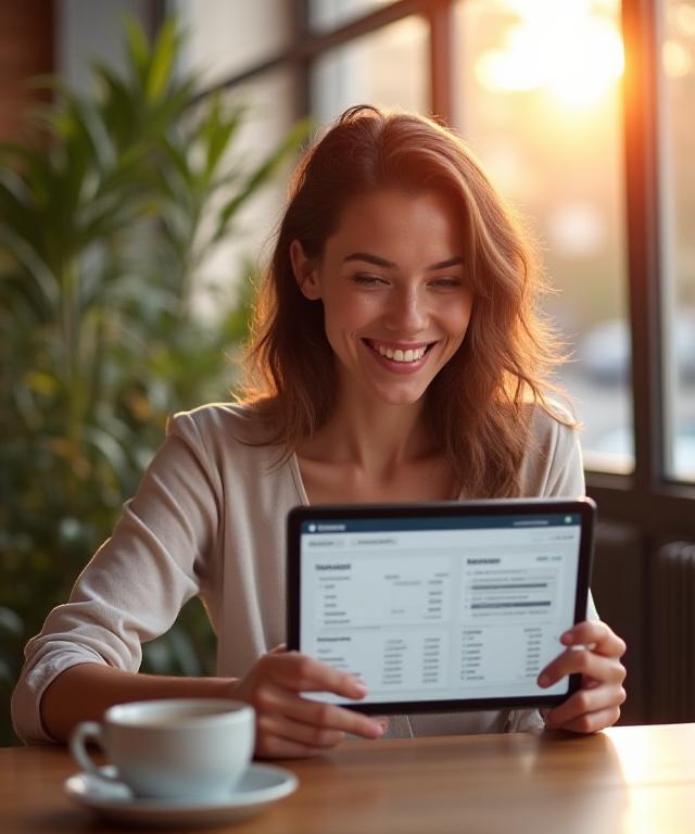 Persona joven relajada en una cafetería de Madrid gestionando sus ahorros en una tablet