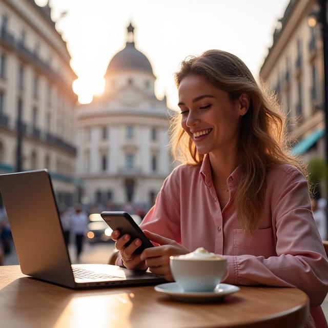Estudiante en Madrid gestionando sus finanzas con un café frente al Palacio Real